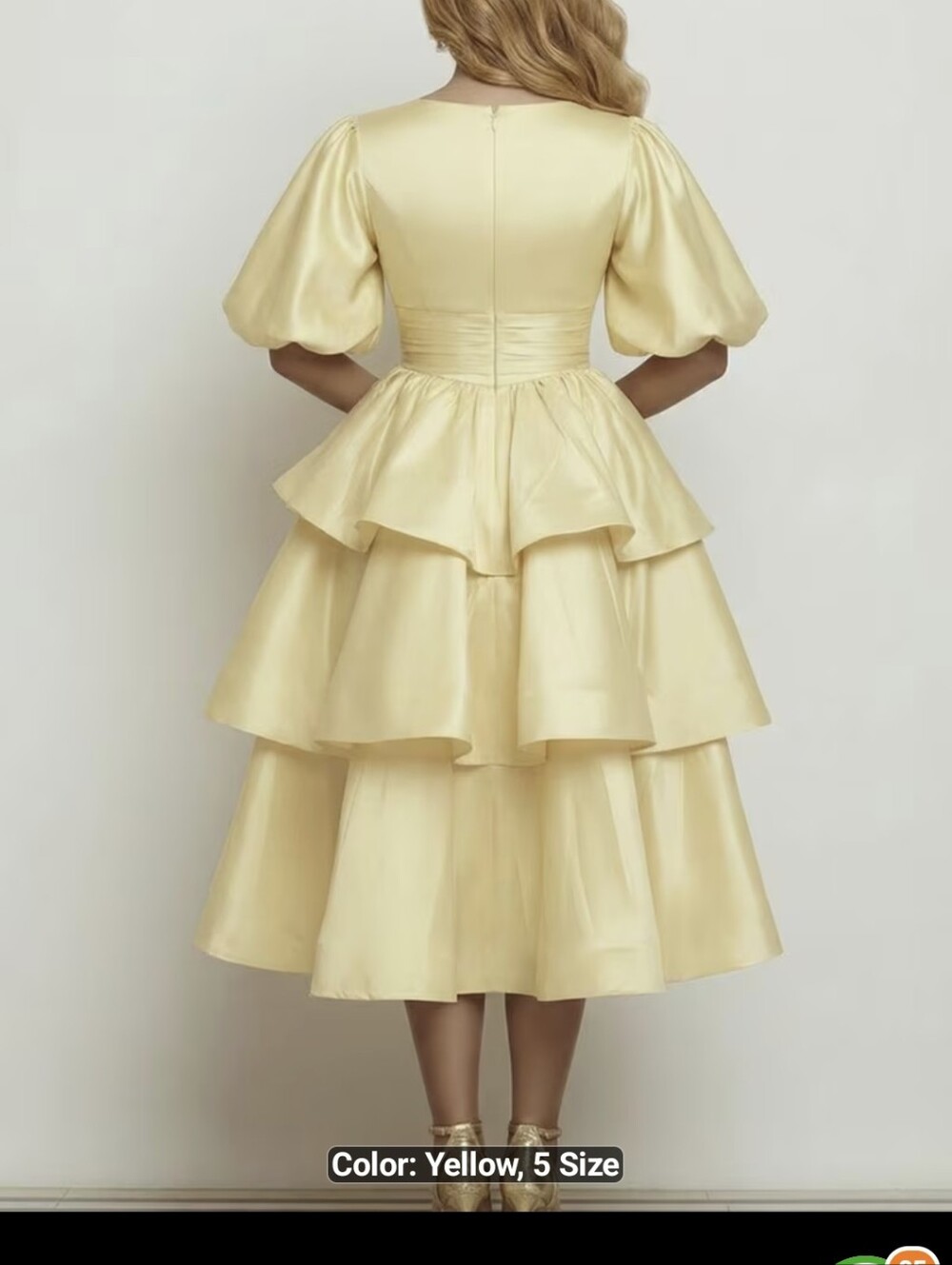 Women’s Yellow Tiered Midi Dress with Puff Sleeves